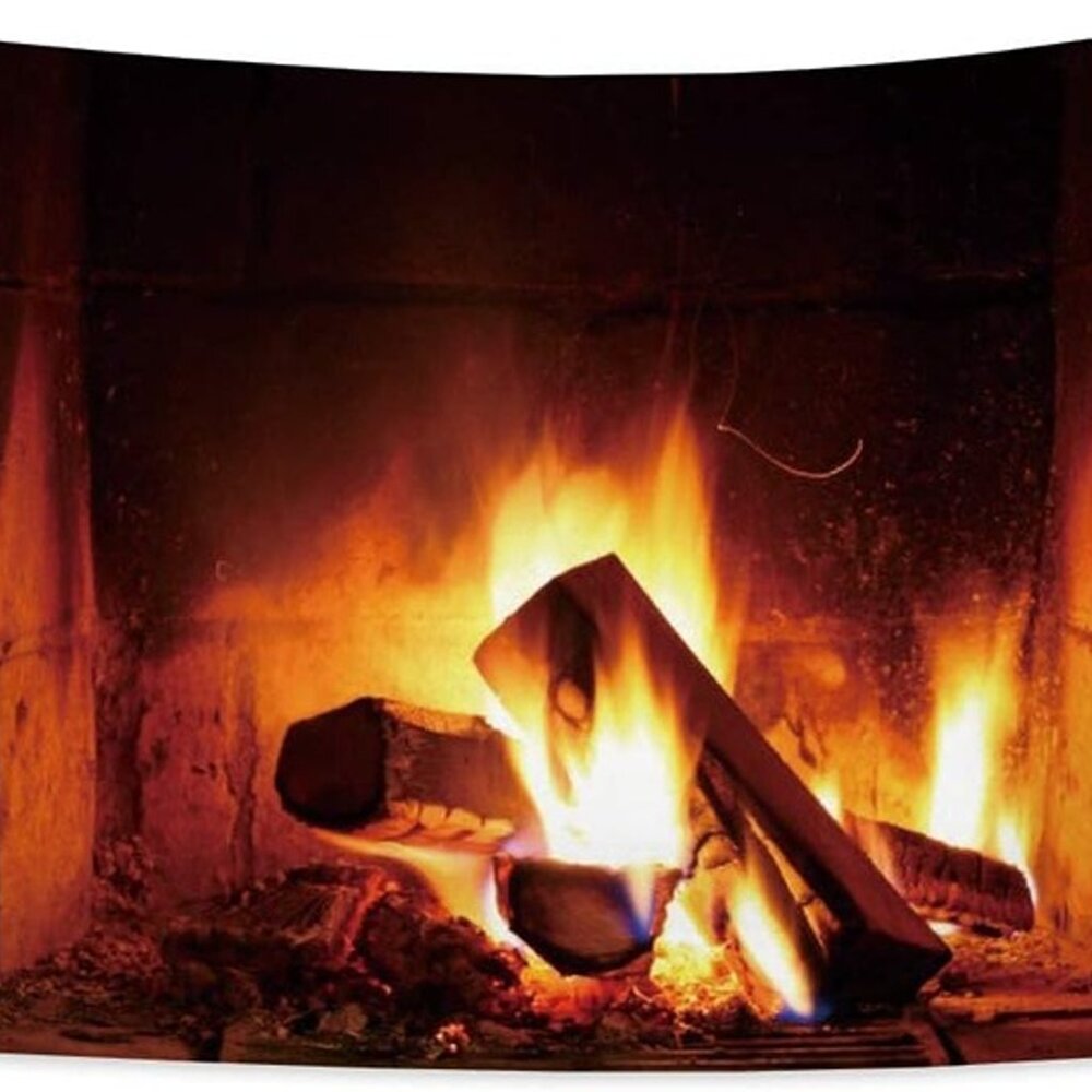 NEW 39.4x27.6" Burning Fire Tapestry Christmas Wood Fireplace Bright Brick Wall - Picture 3 of 7